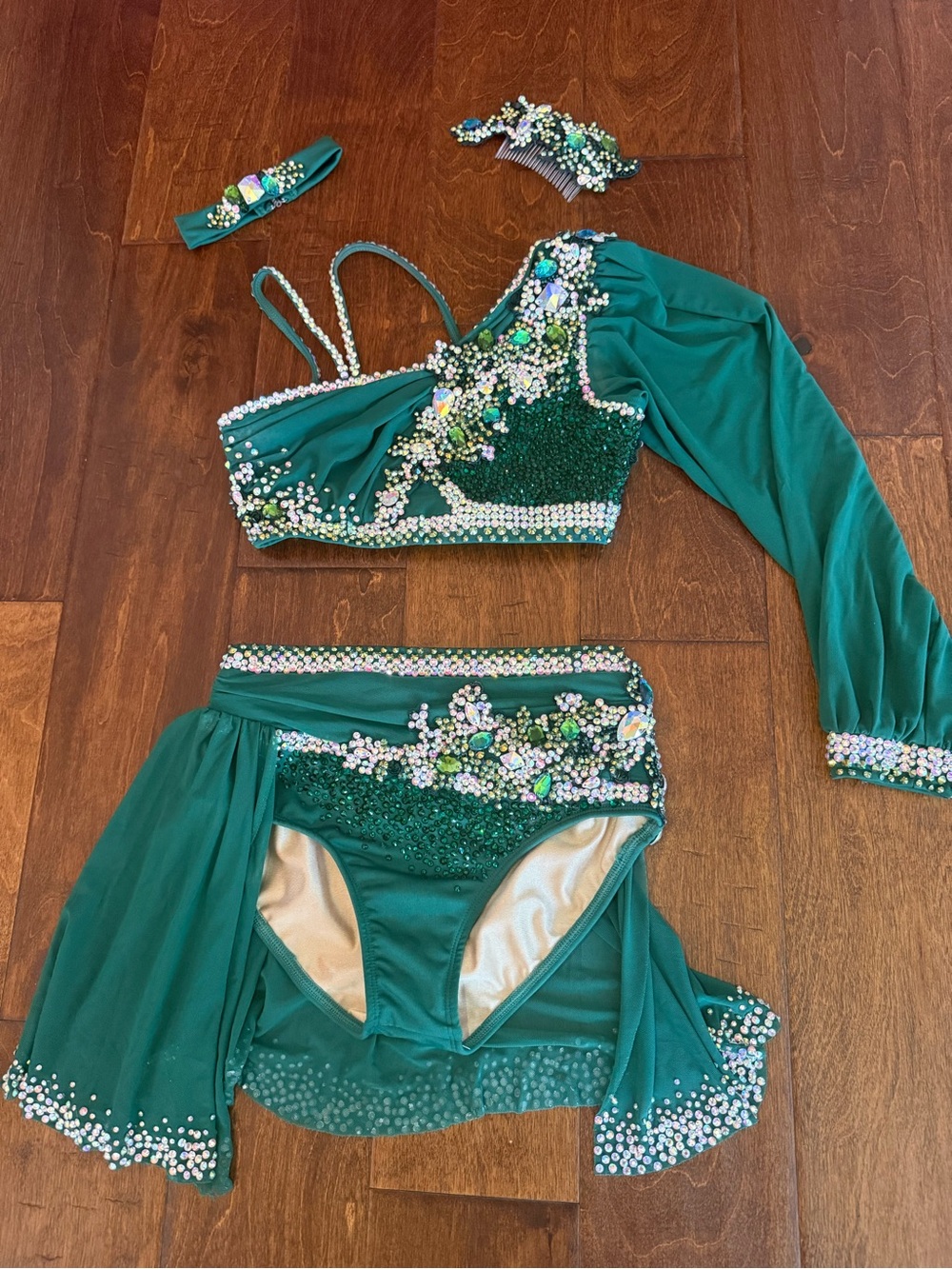 Rhinestone Couture Custom Emerald Green Dance Costume- 2 Piece Competition